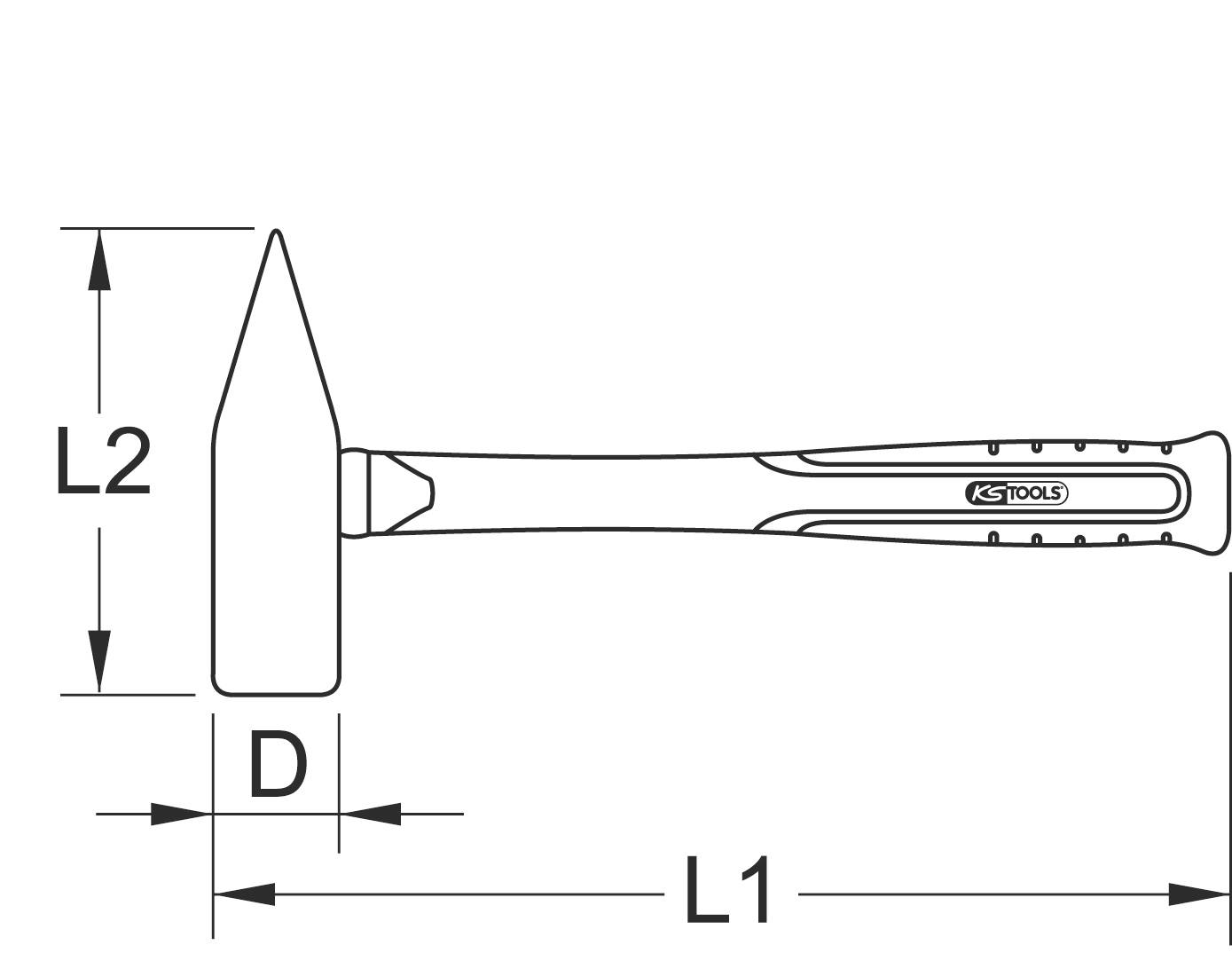 Technische Zeichnung eines Hammers mit markierten Maßen L1, L2 und D, zeigt Form und Dimensionen des Werkzeugs.