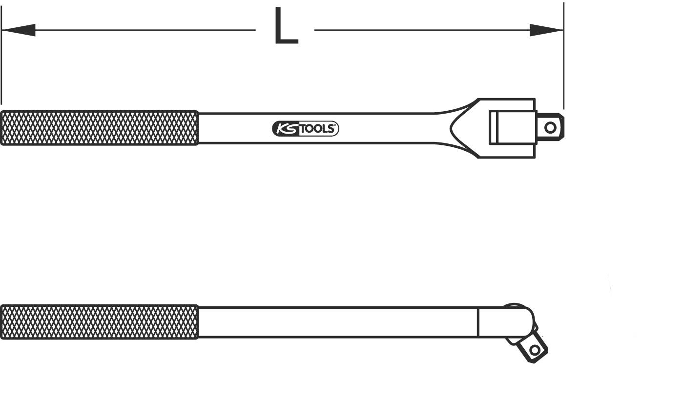 Zeichnung eines Verlängerungsstabs mit quadratischem Antrieb und rutschfestem Griff. Markierung 'KS Tools'. Länge 'L' angegeben.