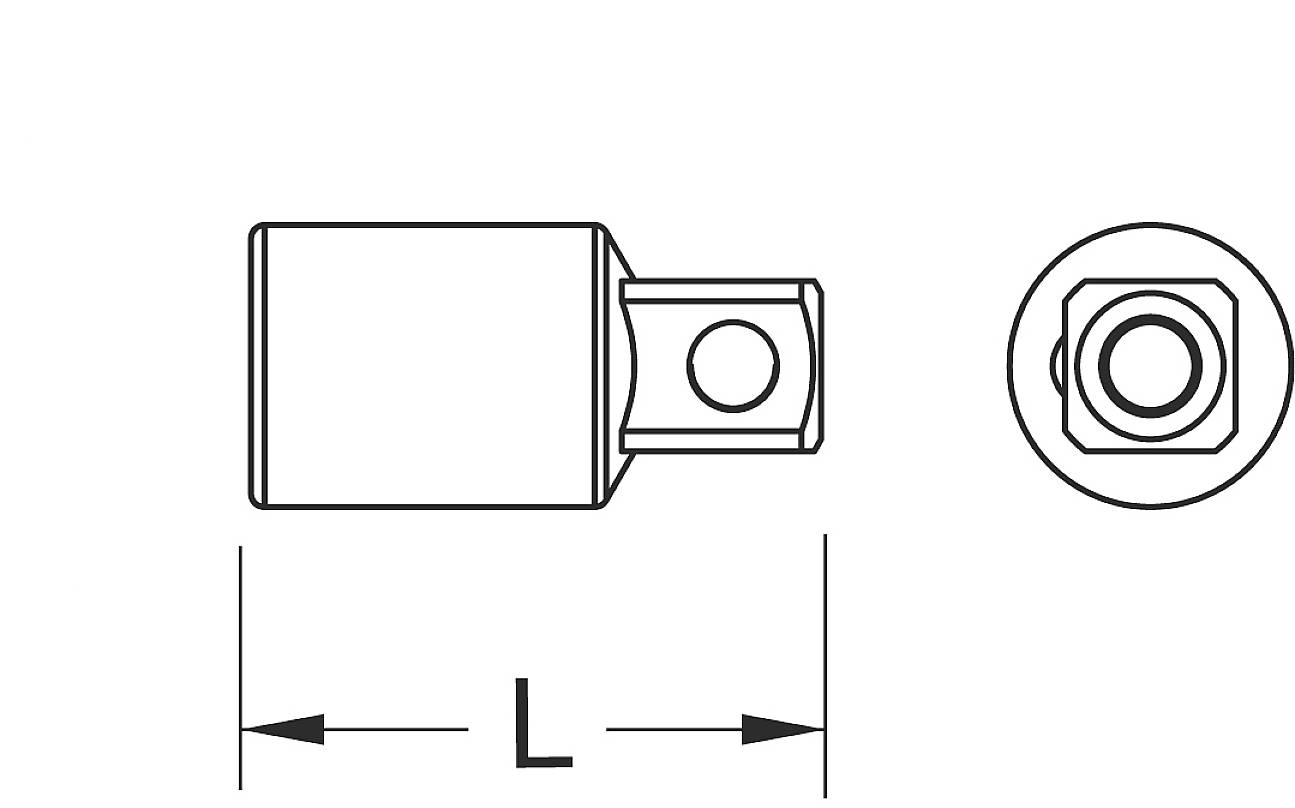 Technische Zeichnung eines zylindrischen Bauteils mit Längenangabe 'L'. Seiten- und Draufsicht zeigen ein Loch im kleineren Abschnitt.