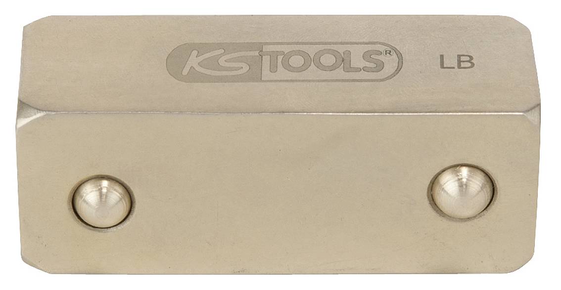 Metallisches Werkzeugteil mit zwei runden, vertieften Schrauben an den Enden. Oben ist das Logo 'KS TOOLS' und die Buchstaben 'LB' eingraviert.