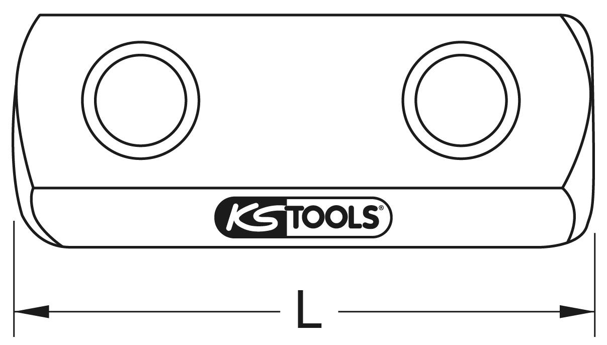 Abbildung einer KG Tools Vorrichtung mit zwei abgerundeten Kanten und zwei kreisförmigen Öffnungen. 'L' zeigt die Länge an.