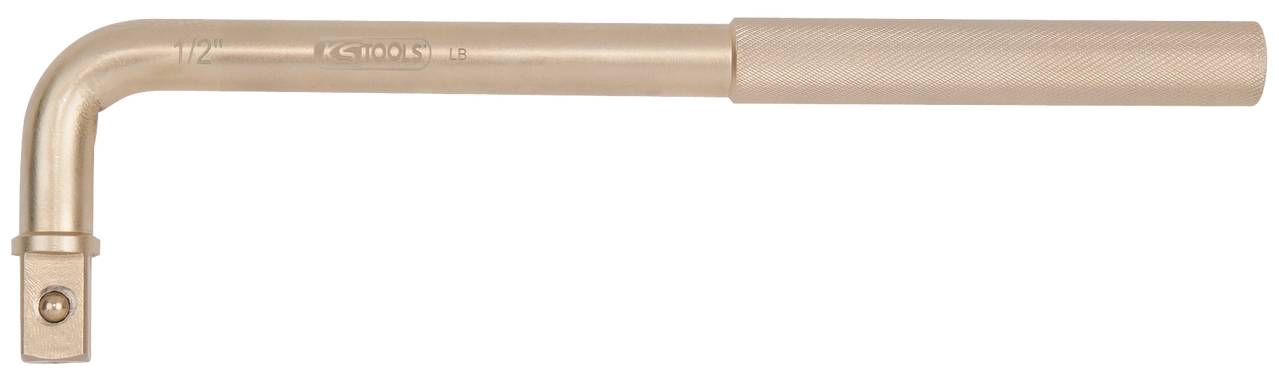Ein goldfarbener L-förmiger Steckschlüssel mit einer geriffelten Griffoberfläche und der Aufschrift '1/2' und 'FORGED STEEL'.