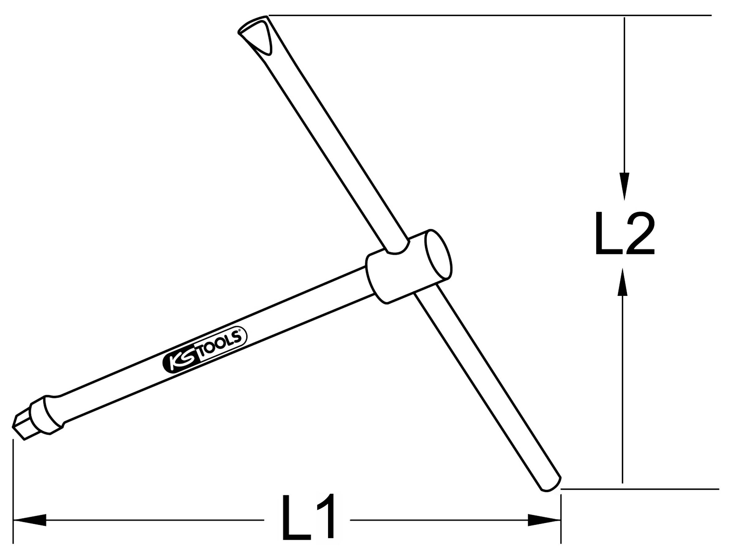 Das Bild zeigt eine technische Zeichnung eines T-Schlüssels von KS Tools mit den Maßen L1 und L2.