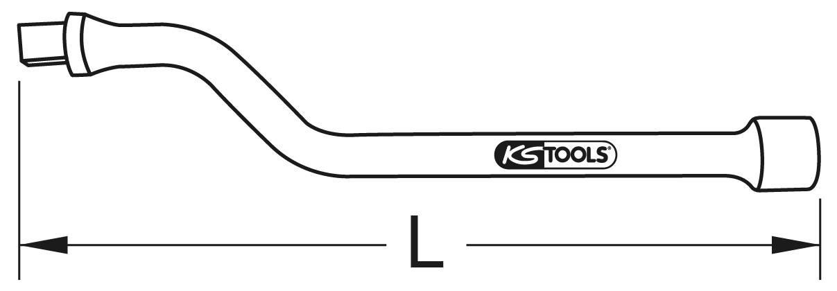 Abbildung eines geschwungenen Radschlüssels mit KS Tools-Logo, zeigt Länge 'L'. Werkzeug zur Montage und Demontage von Radmuttern.