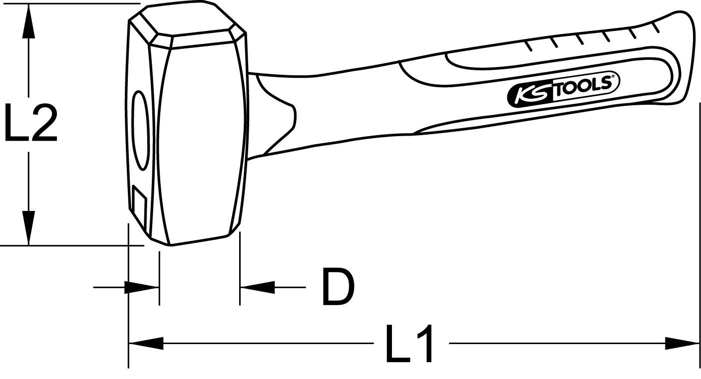 Abbildung eines Hammers mit seitlich gezeigten Maßen: Kopfhöhe (L2), Kopfbreite (D), Gesamtlänge (L1).