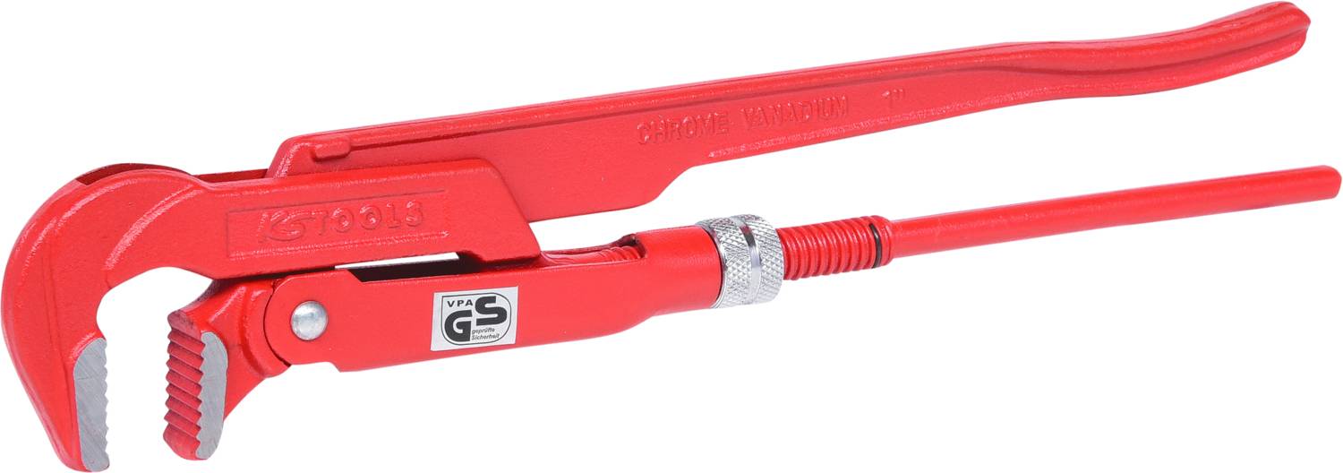 Eine große rote Rohrzange mit einstellbarem Griff, geeignet zum sicheren Greifen und Drehen von runden oder eckigen Rohren und Stangen.