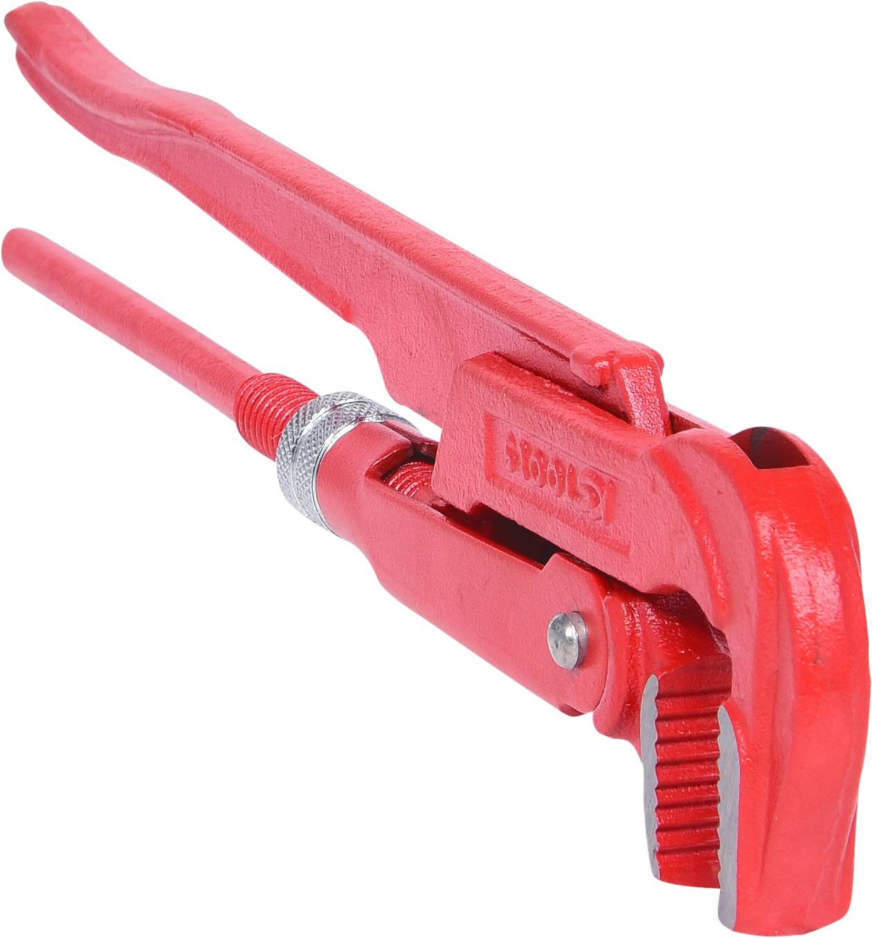 Eine rote Rohrzange, metallisch, mit geriffelten Greifflächen und verstellbarem Griff zur Anpassung an verschiedene Rohrdurchmesser.