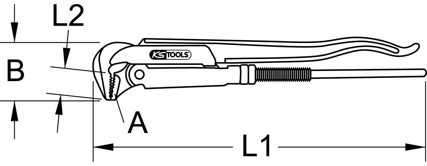 'Maulschlüssel mit Hebelmechanismus', zeigt die technischen Maße: Länge (L1, L2), Breite (B), und Kopfgröße (A).