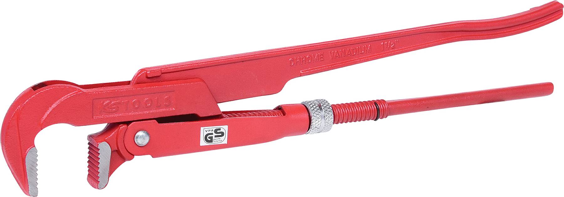 Rote Wasserpumpenzange mit verstellbarem Griff und gezackten Backen zum Greifen und Drehen von Rohren und anderen zylindrischen Objekten.