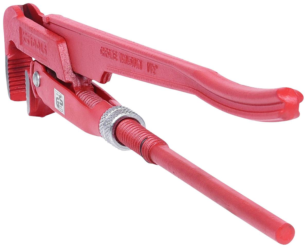 Ein roter Rohrschlüssel mit verstellbarem Griff, geeignet zum Greifen und Drehen von Verbindungen in Rohrinstallationen.