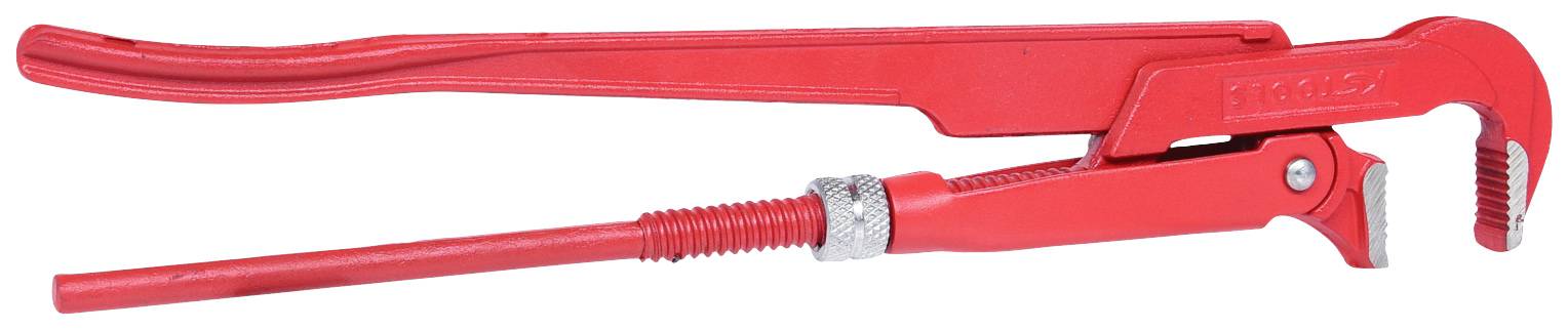 Rote Rohrzange mit verstellbarem Kiefer, geeignet zum Greifen und Festhalten von Rohren.