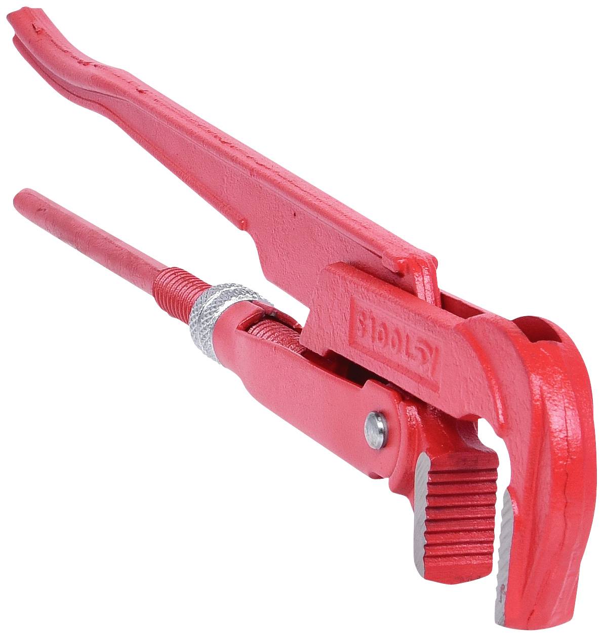 Rote Rohrzange aus Metall, geöffnet, mit geriffelten Backen. Sie wird üblicherweise im Sanitärbereich zum Greifen von Rohren verwendet.