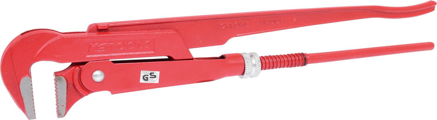 Rote Rohrzange aus Metall mit verstellbarem Griff, geeignet für den Einsatz in Sanitär- und Installationsarbeiten.