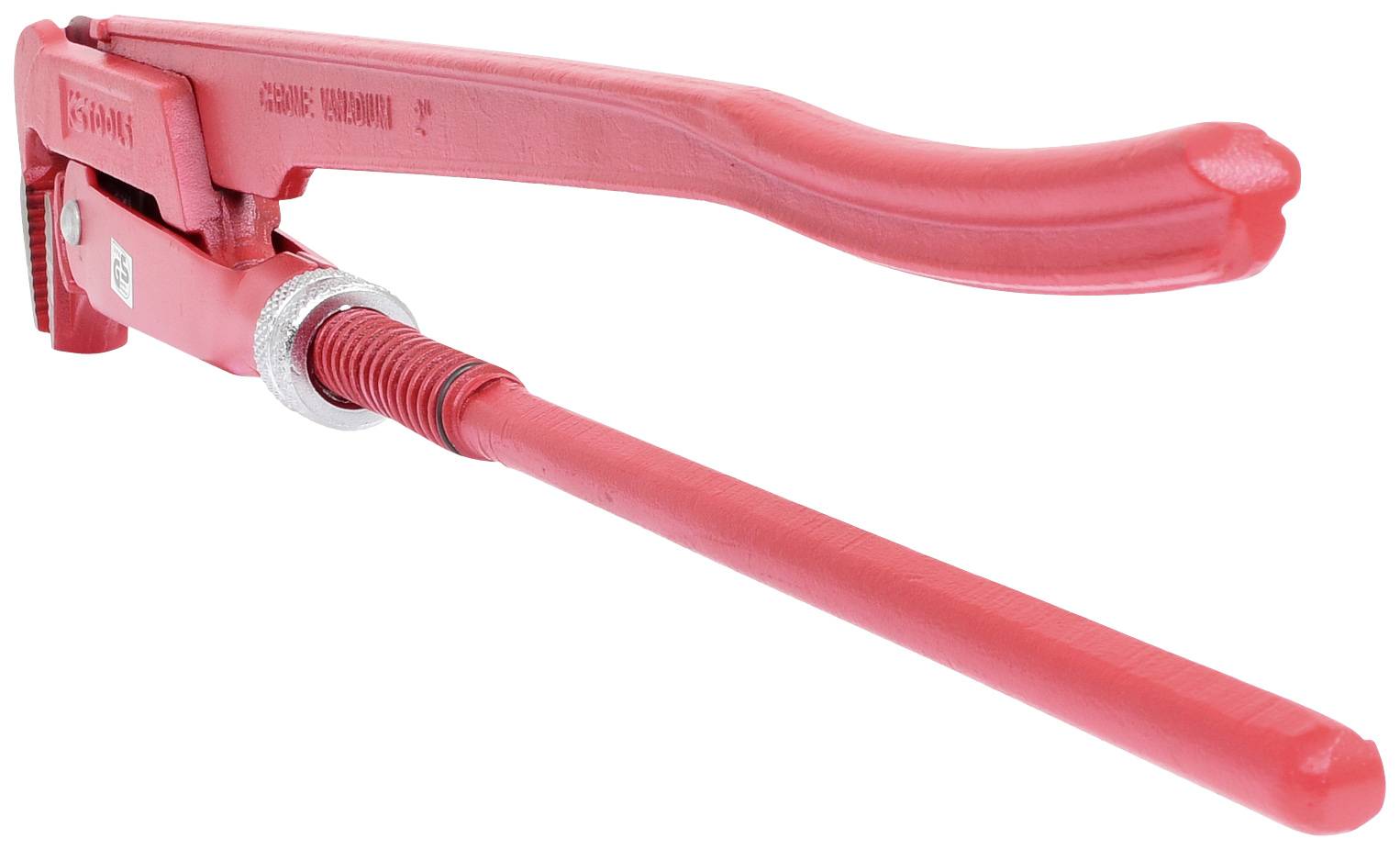 Ein roter Metallrohrbieger, verwendet zum Biegen von Rohren in verschiedene Winkel, mit einem langen Hebelarm und beweglichem Kopf.