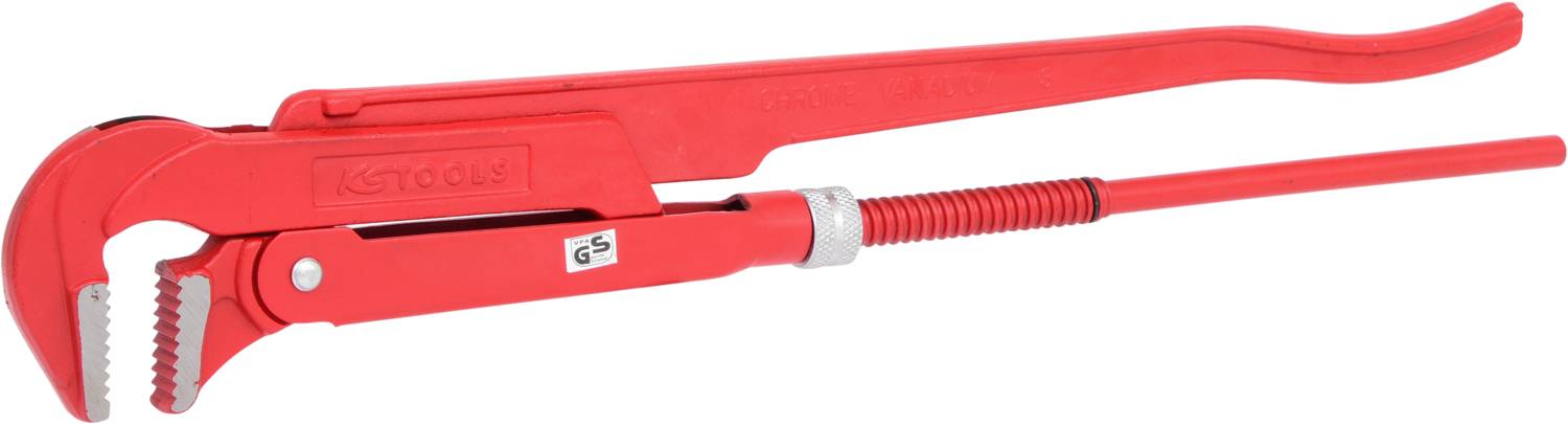 Rote Rohrzange mit langer Griffstange und verstellbarem Kopf, ideal zum Greifen und Anziehen von Rohren unterschiedlicher Größe.