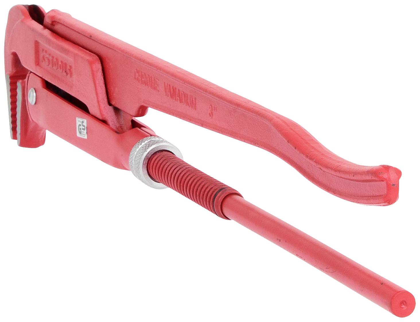 Rohrzange aus rotem Metall mit einstellbarem Griff und Zahnung für festen Halt auf verschiedenen Rohrgrößen.