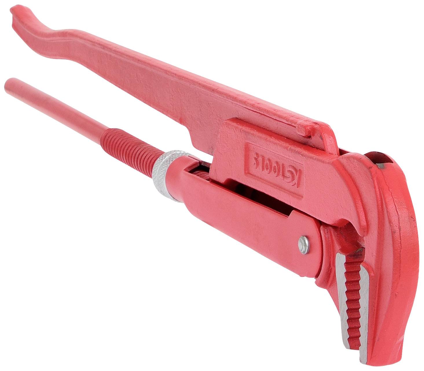 Rote Rohrzange aus Metall, geöffnet. Eignet sich zum Greifen und Lösen von Rohren oder runden Objekten, typisch für Klempnerarbeiten.