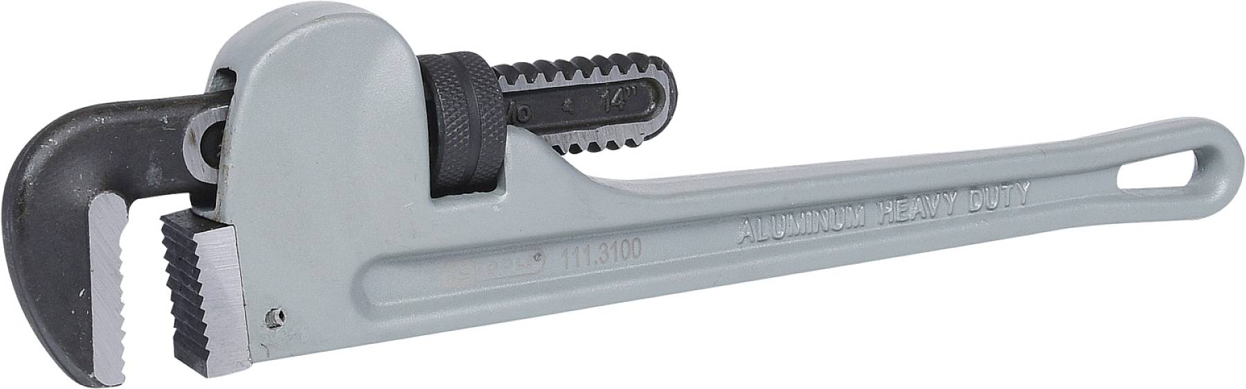 Silberner Rohrschlüssel aus Aluminium, groß und robust. Geeignet zum Festziehen oder Lösen von Rohren und Muttern in der Installation.