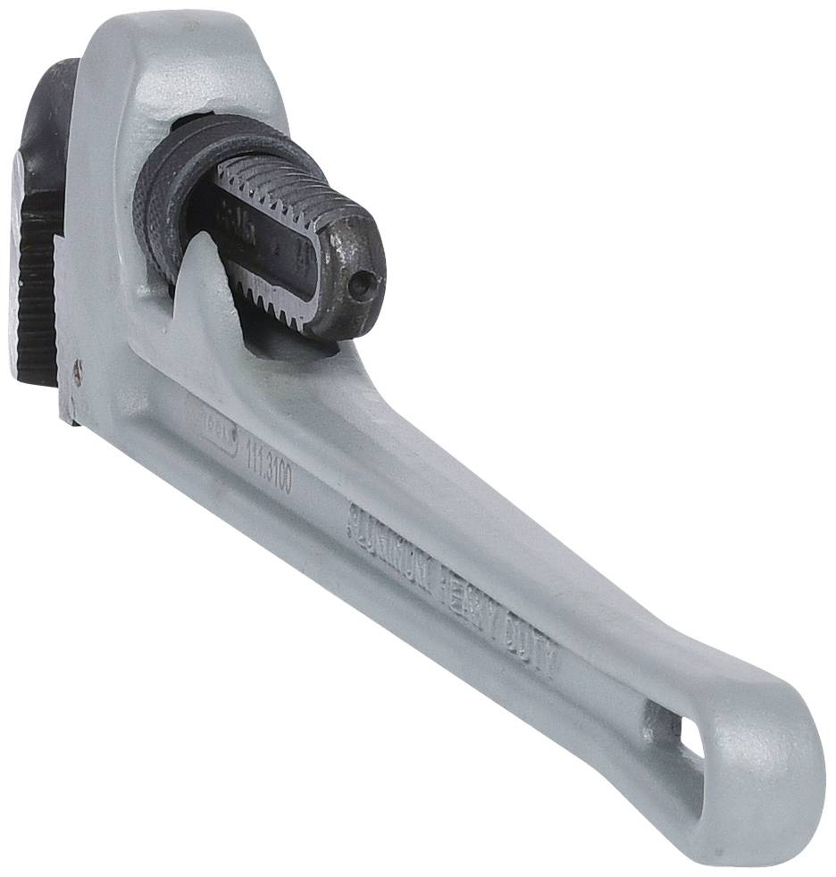 Eine schwere, verstellbare Rohrzange aus Metall, geeignet zum Festziehen und Lösen von Rohrverbindungen.