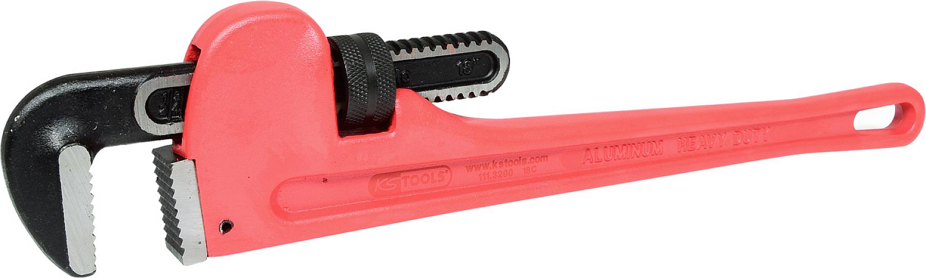 Eine große, rote Rohrzange liegt diagonal; sie hat gezahnte Backen für das Greifen von Rohren und Werkzeugen.