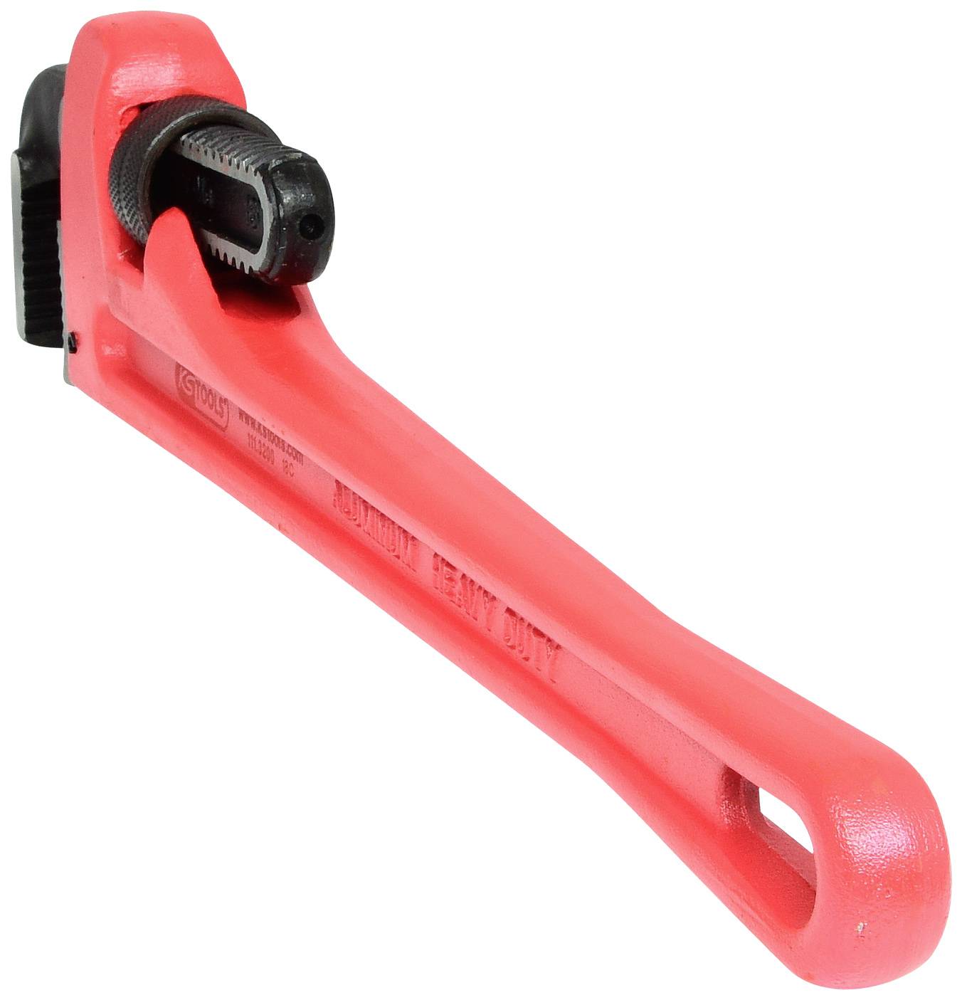 Großer, roter Rohrschlüssel aus Metall, schräg liegend, mit gezahnter Backe. Hauptsächlich für Sanitärarbeiten verwendet.