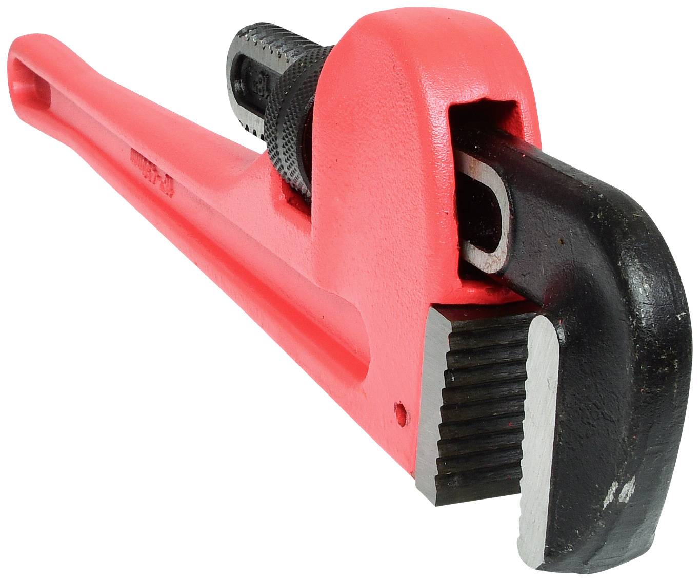 Ein großer, roter Rohrschlüssel mit verstellbarem Kopf, der zum Festziehen oder Lösen von Rohren und Verschraubungen verwendet wird.