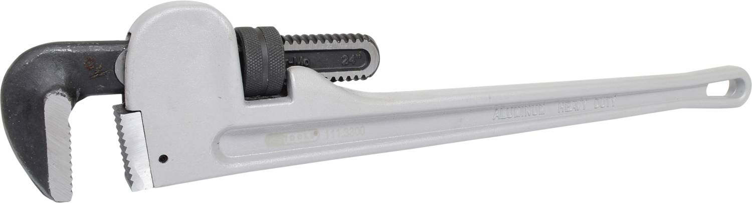 Ein verstellbarer Rohrschlüssel aus Metall mit gezahnter Greiffläche zum Festziehen und Lösen von Rohren und anderen runden Objekten.