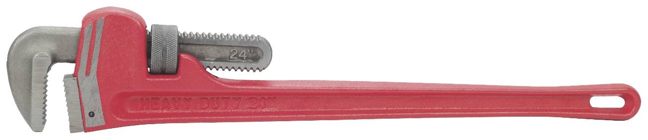 Roter Rohrschlüssel mit verstellbarem Kiefer. Eignet sich zum Greifen und Festhalten von Rohren und runden Objekten.