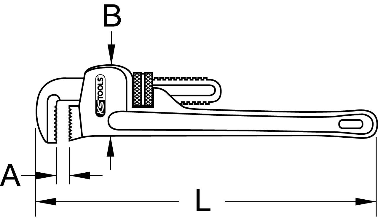 Eine Rohrzange mit markierten Maßen: A, B, und L. A zeigt die Backenbreite, B die Öffnung der Zange, und L die Gesamtlänge.
