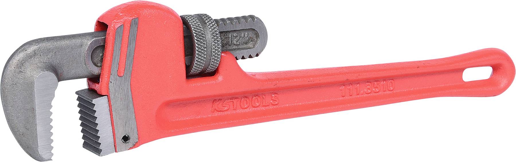 Rote Rohrzange aus Metall mit verstellbarem Greifkopf, benutzt zum Festhalten und Drehen von Rohren.