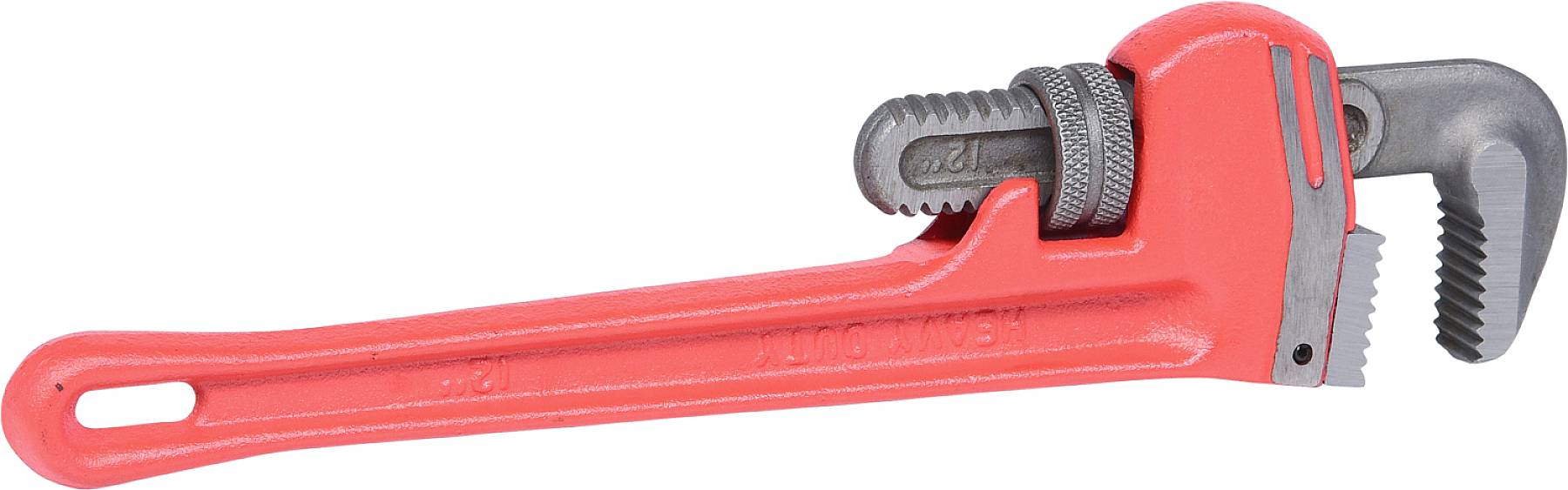 Rote Rohrzange mit verstellbarem Griff und gezacktem Kiefer. Werkzeug zum Festziehen oder Lösen von Rohren und Rohrverbindungen.