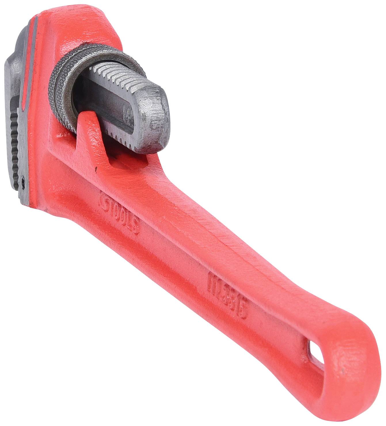 Ein roter Rohrschlüssel aus Metall mit geriffeltem Griff und verstellbarem Kiefer, geeignet für Klempnerarbeiten.