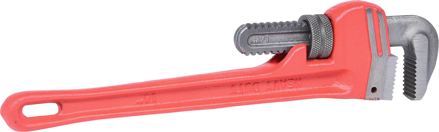 Roter Rohrschlüssel mit silbernen Zangenbacken, im geöffneten Zustand. Wird häufig für Sanitärarbeiten eingesetzt.