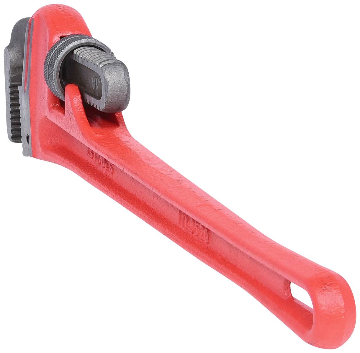 Rote Rohrzange aus Metall, seitlich liegend. Sie hat einen langen Griff und ein verstellbares, gezahntes Maul zum Greifen von Rohren.