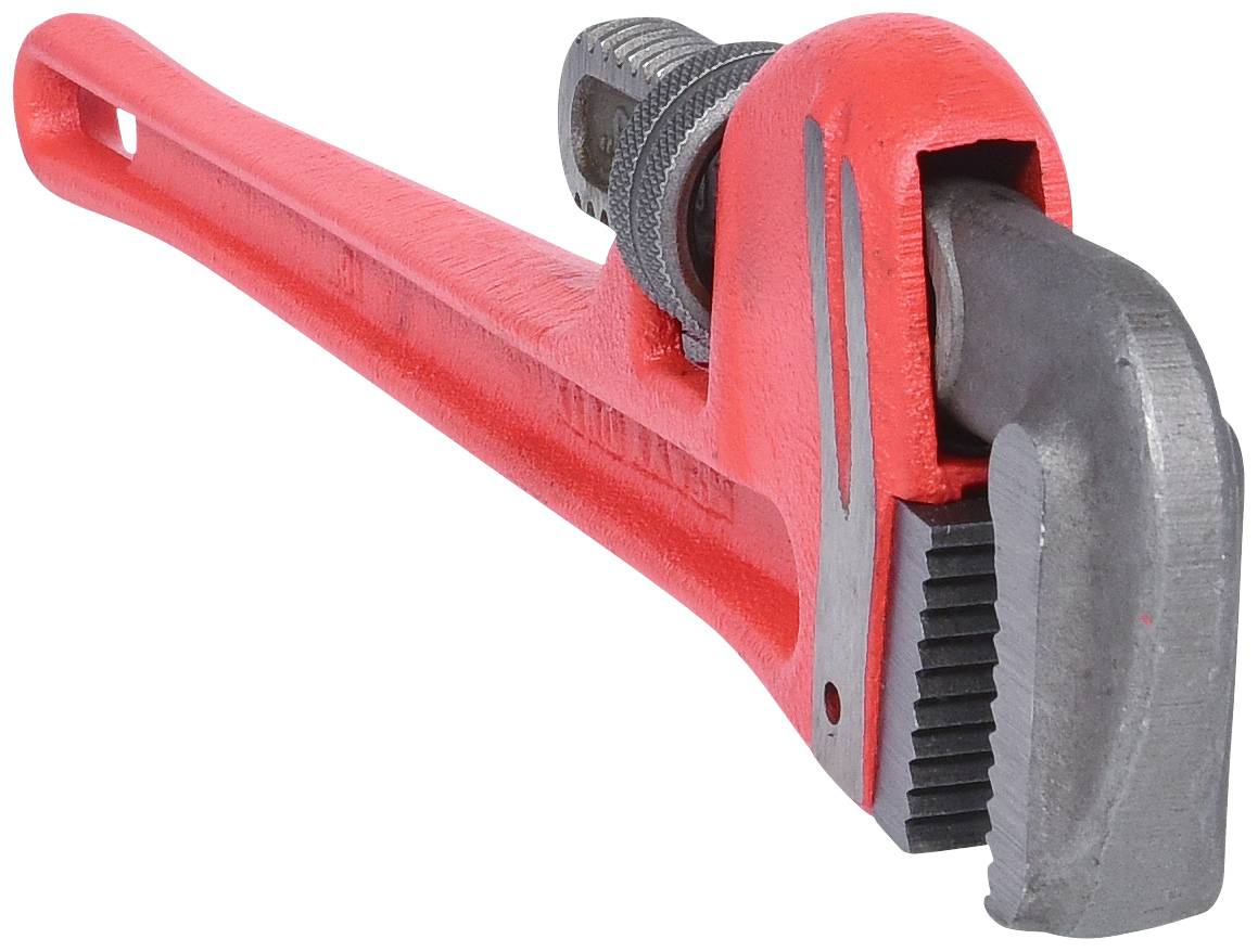 Roter Rohrschlüssel mit verstellbarem Kiefer, geeignet für Arbeiten an Rohren und Sanitärinstallationen.