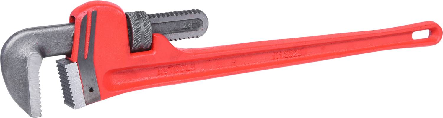 Rote Rohrzange aus Metall mit verstellbarem Kiefer, konzipiert zum Greifen und Drehen von Rohren oder runden Objekten.