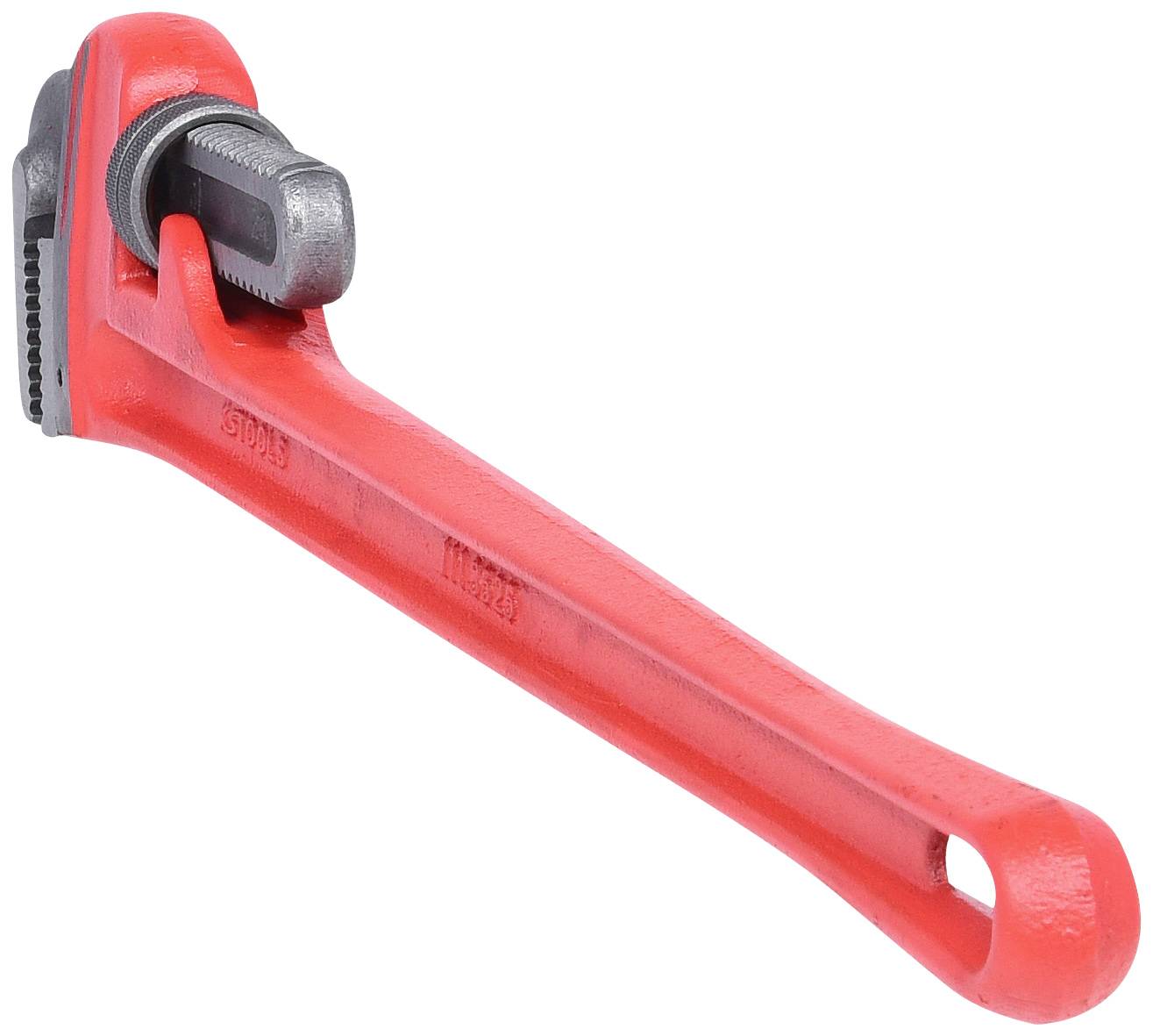 Ein roter Rohrschlüssel aus Metall, typisches Werkzeug für Klempnerarbeiten, mit verstellbarem Kiefer zum Greifen von Rohren.