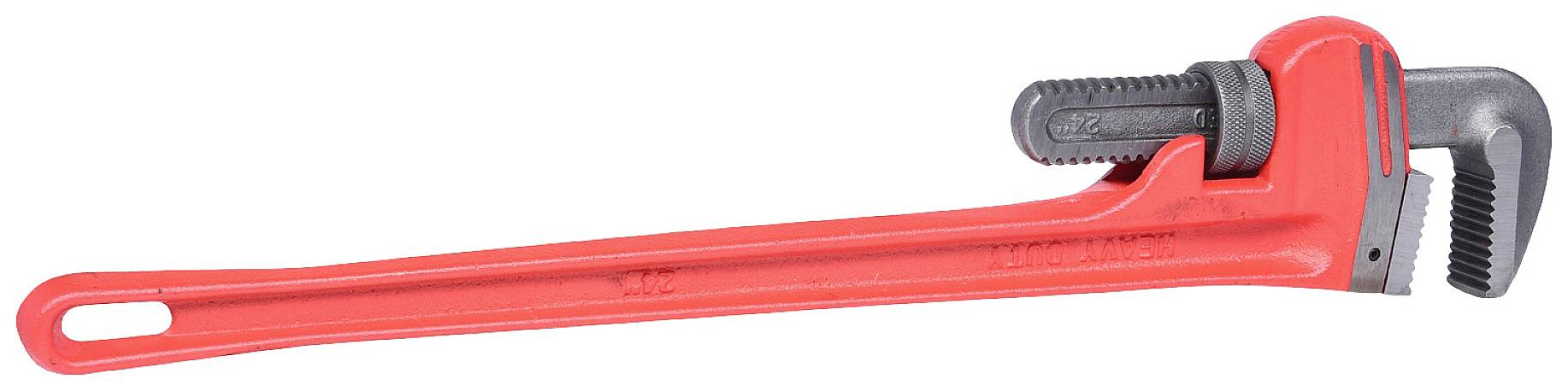 Ein großer roter Rohrschlüssel mit verstellbarem Kiefer zum Greifen und Drehen von Rohren und anderen runden Objekten.