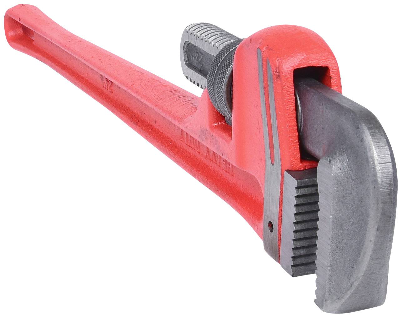 Ein großer, roter Rohrschlüssel, aus Metall gefertigt. Er wird hauptsächlich zum Festziehen oder Lösen von Rohrverbindungen genutzt.