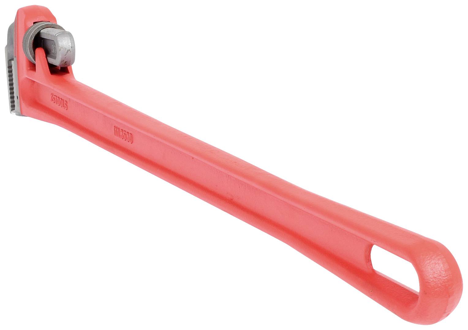 Rote Rohrzange mit langem Griff und einstellbarem Kiefer zum Greifen und Drehen von Rohren oder runden Objekten.