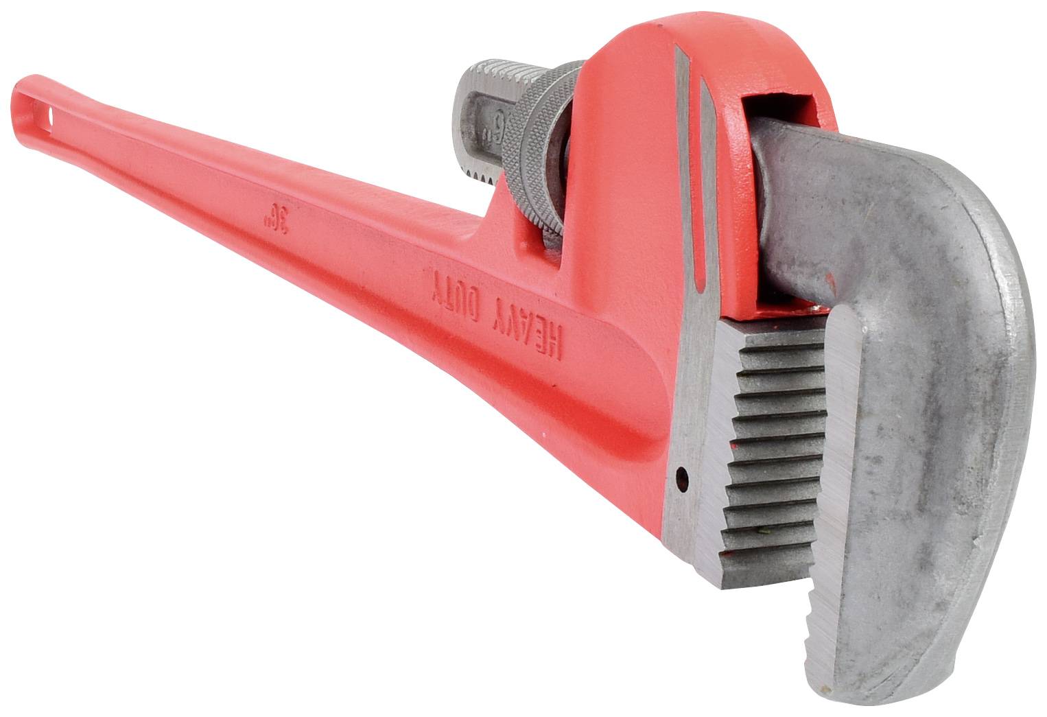 Ein roter, schwerer Rohrschlüssel mit grauer, gezahnter Backe, verwendet für das Greifen und Drehen von Rohren und Befestigungen.