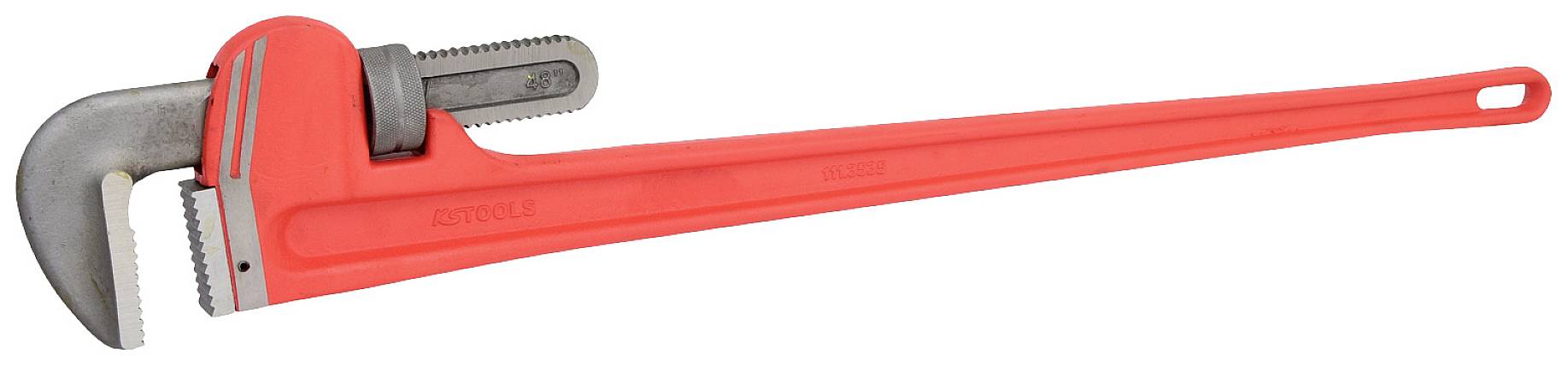 Rohrzange mit langem, rotem Griff und verstellbarem, gezacktem Greifkopf, geeignet für Sanitärarbeiten.