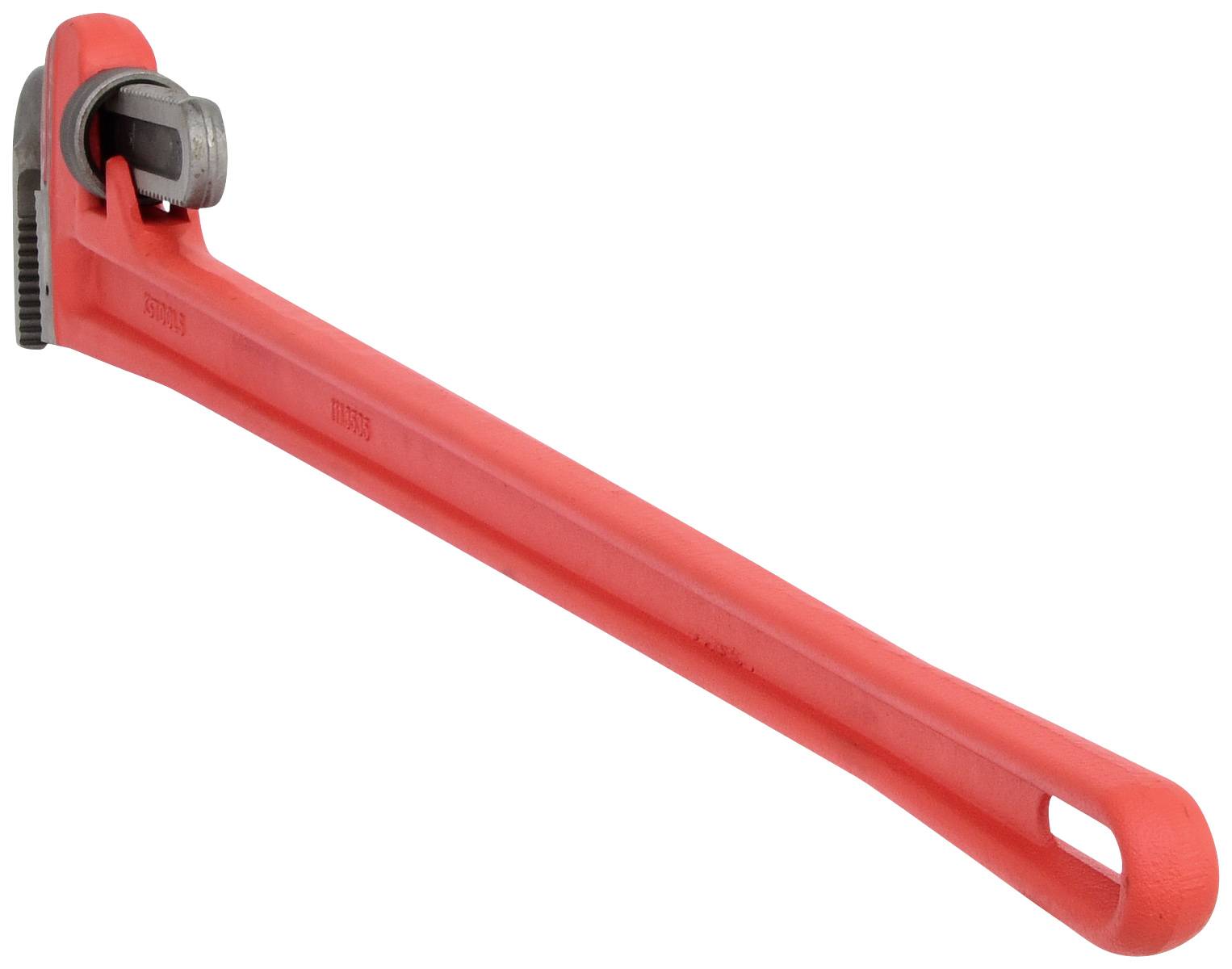 Rote Metallrohrzange vor weißem Hintergrund, Seitenansicht. Werkzeug mit verstellbarem Kopf zum Greifen und Drehen von Rohren.