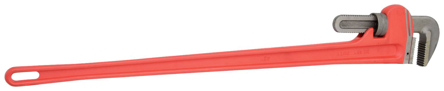 Ein großer, roter Rohrschlüssel mit verstellbarem Kopf zum Festziehen oder Lösen von Rohren und Rohrverbindungen.