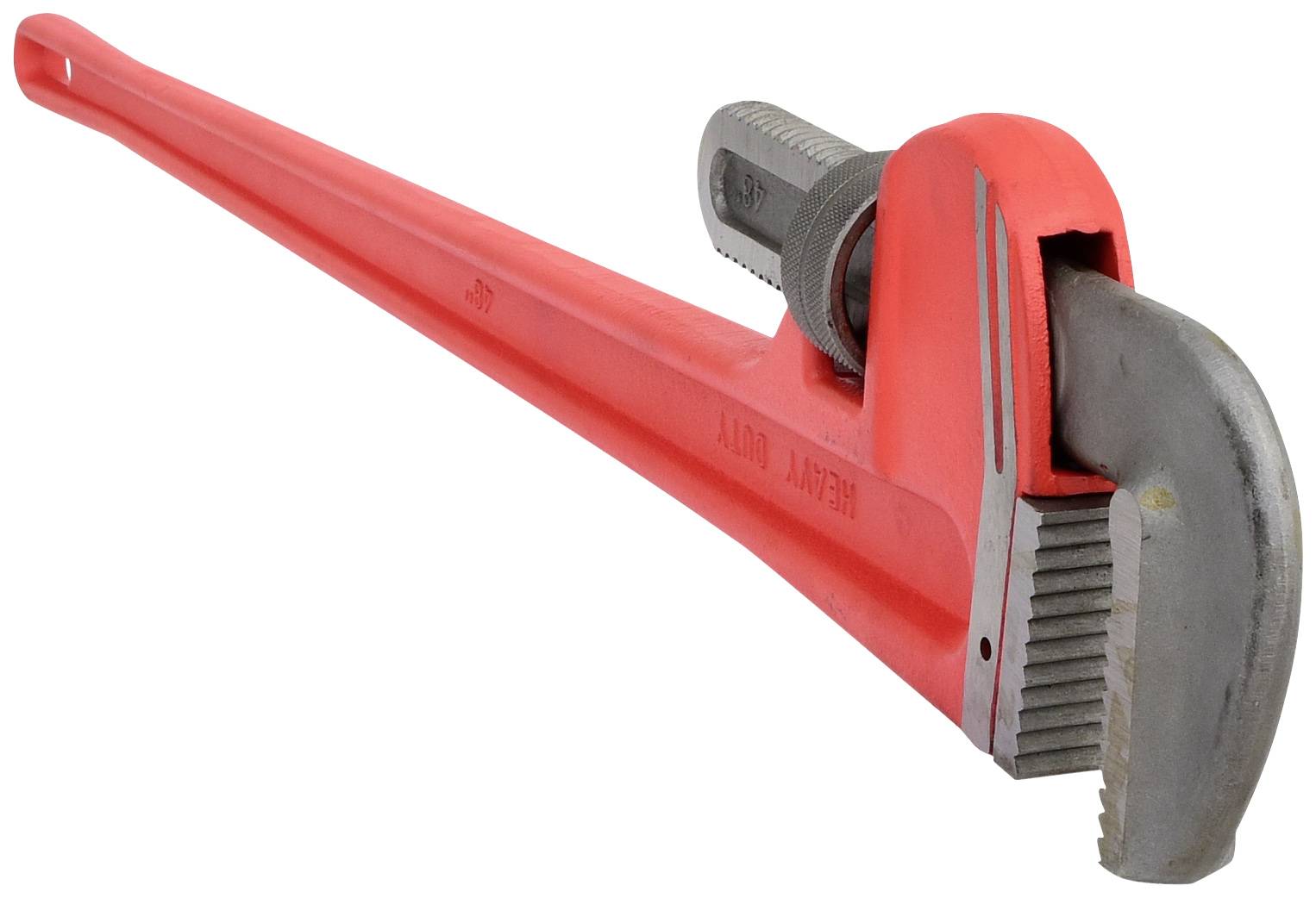 Ein roter Rohrschlüssel mit verstellbarem Kiefer, geeignet für Klempnerarbeiten und das Festziehen oder Lösen von Rohrverbindungen.