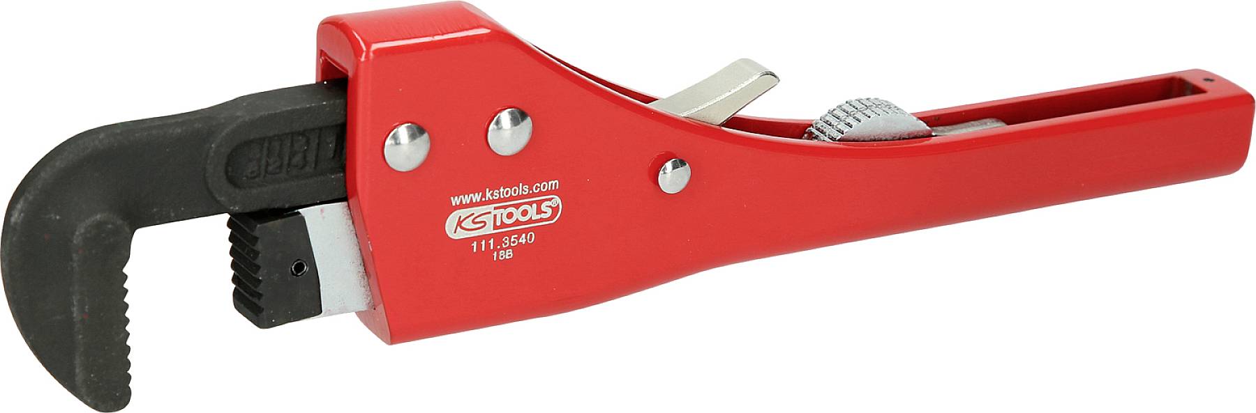 Roter, verstellbarer Rohrschlüssel mit Metallhebel, geeignet zum Greifen und Drehen von Rohren. Marke 'KS Tools' aufgedruckt.