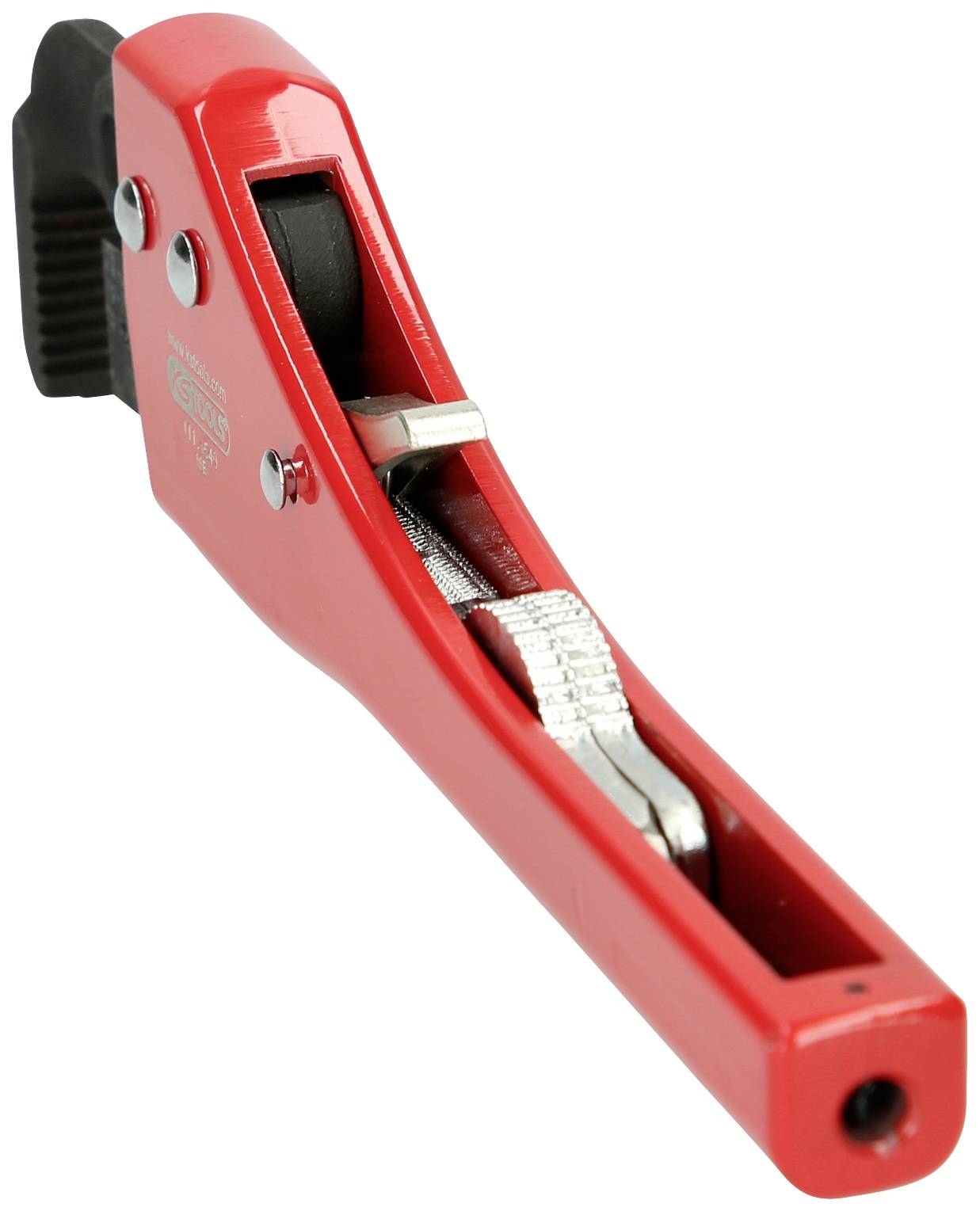 Roter Kabelschneider aus Metall mit schwarzem Griff. Enthält Schneidrad und Stellhebel, geeignet für präzises Schneiden von Kabeln.