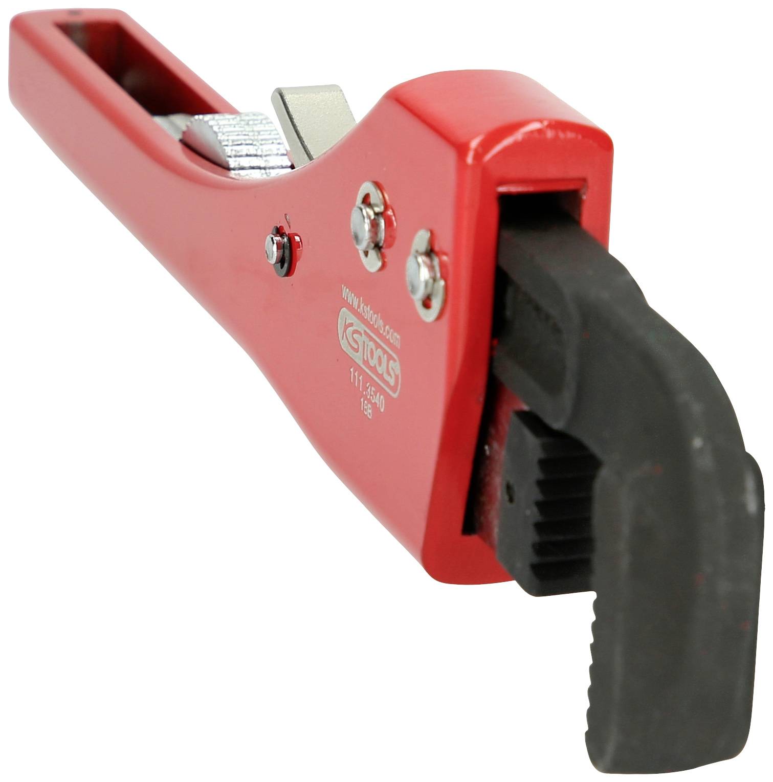 Eine rote Rohrzange in Seitenansicht mit verstellbarem Backenmechanismus, geeignet für Installationsarbeiten.