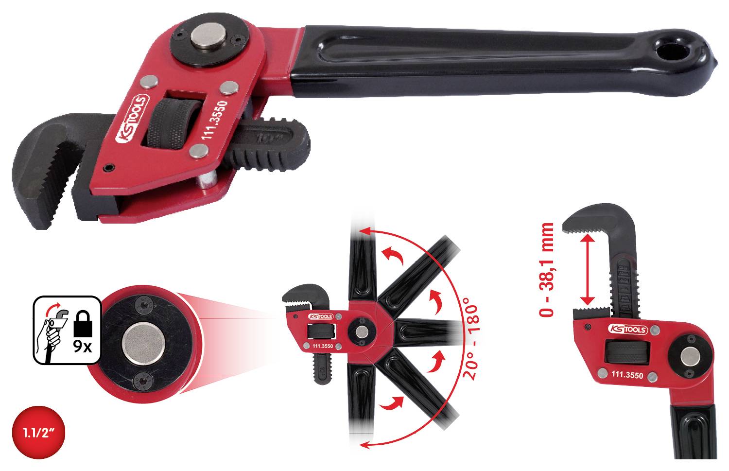 Ein verstellbarer Rohrschlüssel in Rot und Schwarz, zeigt verschiedene Ansichten und nutzbare Größen von 0 bis 38,1 mm, Drehbereich 200° bis 180°.