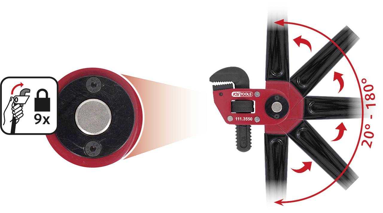 Multifunktionales Werkzeug mit rotierendem Kopf, drehbar von 20° bis 180°, und magnetischer Basis. Bild zeigt Werkzeugteile.